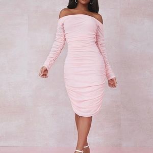 Off Shoulder Ruched Mesh Bodycon Dress